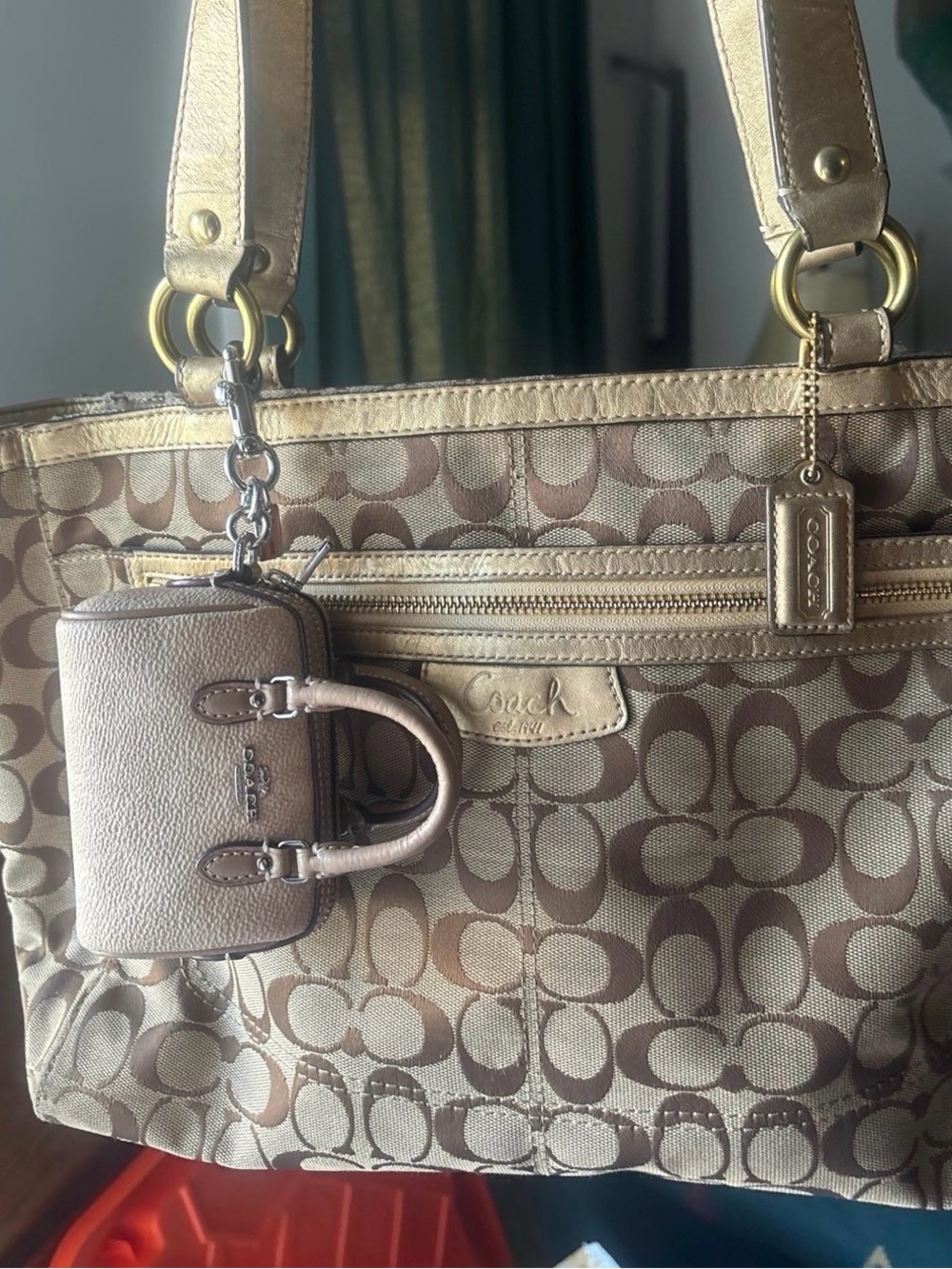 Coach Purse Brown Signature Canvas Tote with Metallic Gold Trim